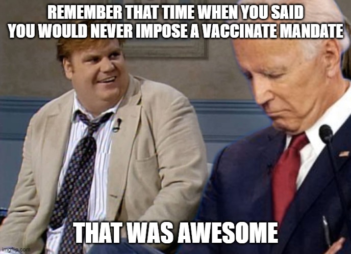 Farley Biden | REMEMBER THAT TIME WHEN YOU SAID YOU WOULD NEVER IMPOSE A VACCINATE MANDATE; THAT WAS AWESOME | image tagged in farley biden | made w/ Imgflip meme maker