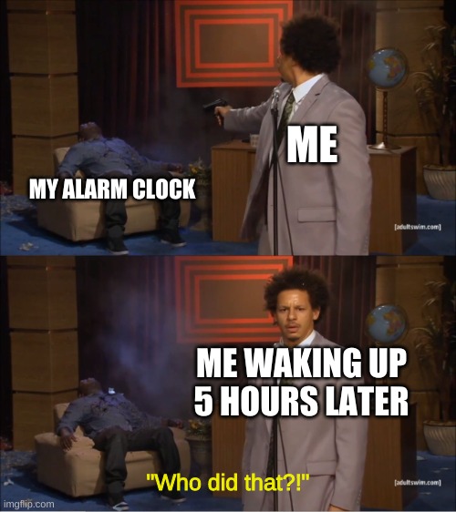 Almost every day with this | ME; MY ALARM CLOCK; ME WAKING UP 5 HOURS LATER; "Who did that?!" | image tagged in memes,who killed hannibal,sleep | made w/ Imgflip meme maker