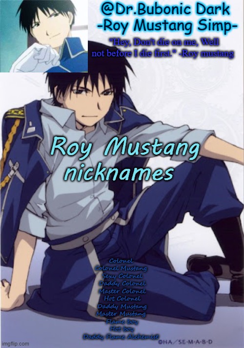 I have 11 different ones | Roy Mustang nicknames; Colonel 
Colonel Mustang 
Sexy Colonel
Daddy Colonel
Master Colonel
Hot Colonel
Daddy Mustang
Master Mustang 
Flame boy
Hot boy
Daddy Flame Alchemist | image tagged in another roy temp | made w/ Imgflip meme maker