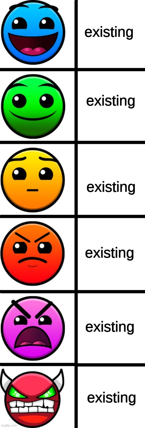 life be like | existing; existing; existing; existing; existing; existing | image tagged in geometry dash difficulty faces | made w/ Imgflip meme maker