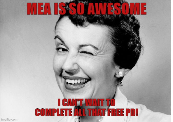 MEA | MEA IS SO AWESOME; I CAN'T WAIT TO COMPLETE ALL THAT FREE PD! | image tagged in mea,teachers | made w/ Imgflip meme maker