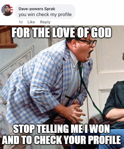 FOR THE LOVE OF GOD; STOP TELLING ME I WON AND TO CHECK YOUR PROFILE | image tagged in chris farley for the love of god,meme,memes,facebook,diesel brothers | made w/ Imgflip meme maker