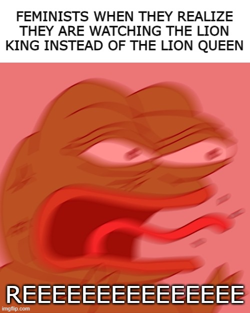 REEEEEEEEEEEEEEEEEEEEEE |  FEMINISTS WHEN THEY REALIZE THEY ARE WATCHING THE LION KING INSTEAD OF THE LION QUEEN; REEEEEEEEEEEEEEE | image tagged in reeeeeeeeeeeeeeeeeeeeee,feminist,the lion king,lion king,meme,memes | made w/ Imgflip meme maker