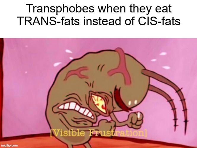 Cringin Plankton / Visible Frustation | Transphobes when they eat
TRANS-fats instead of CIS-fats | image tagged in cringin plankton / visible frustation | made w/ Imgflip meme maker