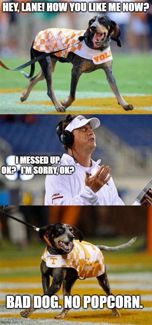 Lane Kiffin's Nightmare | HEY, LANE! HOW YOU LIKE ME NOW? I MESSED UP, OK?   I'M SORRY, OK? BAD DOG. NO POPCORN. | image tagged in tennessee,vols,lane kiffin,smokey | made w/ Imgflip meme maker