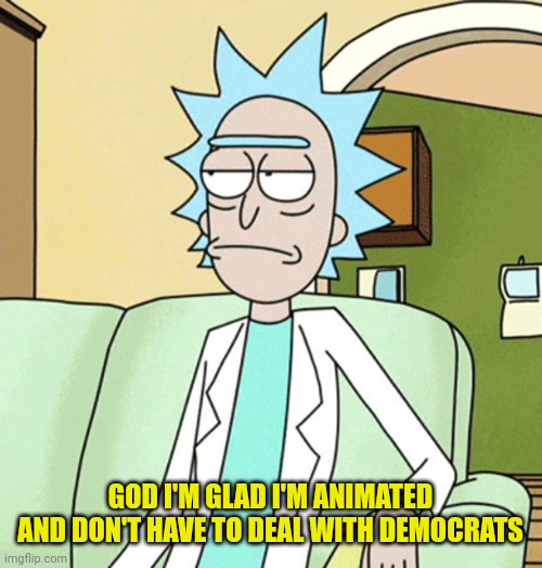Rick Sanchez | GOD I'M GLAD I'M ANIMATED AND DON'T HAVE TO DEAL WITH DEMOCRATS | image tagged in rick sanchez | made w/ Imgflip meme maker