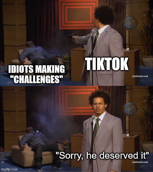 Who Killed Hannibal Meme | TIKTOK IDIOTS MAKING "CHALLENGES" "Sorry, he deserved it" | image tagged in memes,who killed hannibal | made w/ Imgflip meme maker