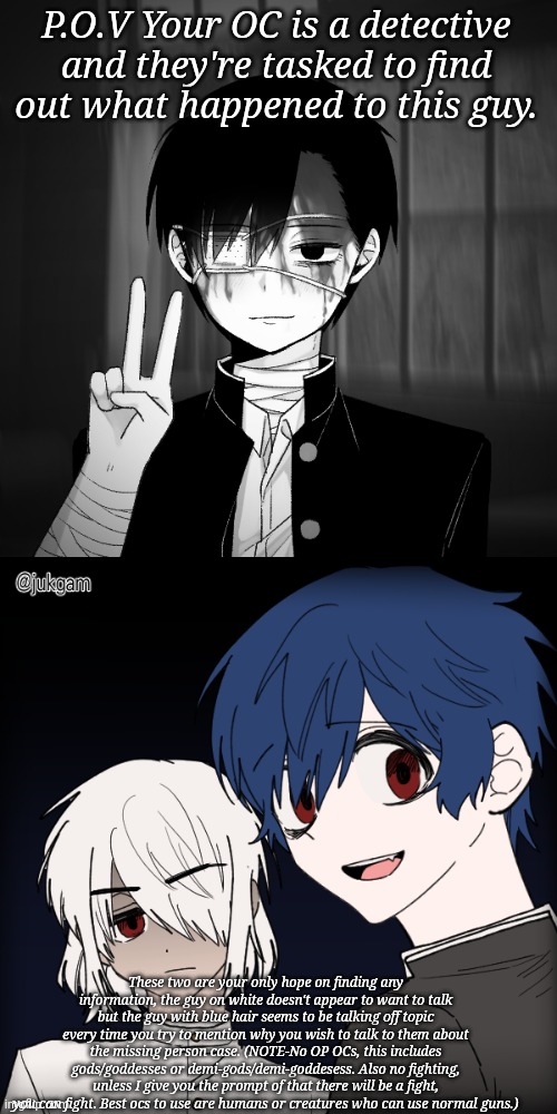 Just to mention that this rp uses characters in a book I'm gonna attempt to write on Wattpad. | P.O.V Your OC is a detective and they're tasked to find out what happened to this guy. These two are your only hope on finding any information, the guy on white doesn't appear to want to talk but the guy with blue hair seems to be talking off topic every time you try to mention why you wish to talk to them about the missing person case. (NOTE-No OP OCs, this includes gods/goddesses or demi-gods/demi-goddesess. Also no fighting, unless I give you the prompt of that there will be a fight, you can fight. Best ocs to use are humans or creatures who can use normal guns.) | made w/ Imgflip meme maker
