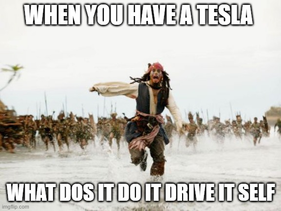 tesla | WHEN YOU HAVE A TESLA; WHAT DOS IT DO IT DRIVE IT SELF | image tagged in memes,jack sparrow being chased | made w/ Imgflip meme maker