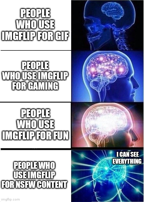 Expanding Brain | PEOPLE WHO USE IMGFLIP FOR GIF; PEOPLE WHO USE IMGFLIP FOR GAMING; PEOPLE WHO USE IMGFLIP FOR FUN; I CAN SEE EVERYTHING; PEOPLE WHO USE IMGFLIP FOR NSFW CONTENT | image tagged in memes,expanding brain | made w/ Imgflip meme maker