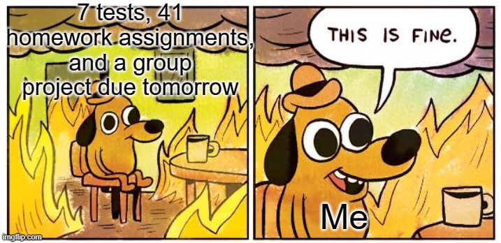 This Is Fine | 7 tests, 41 homework assignments, and a group project due tomorrow; Me | image tagged in memes,this is fine | made w/ Imgflip meme maker