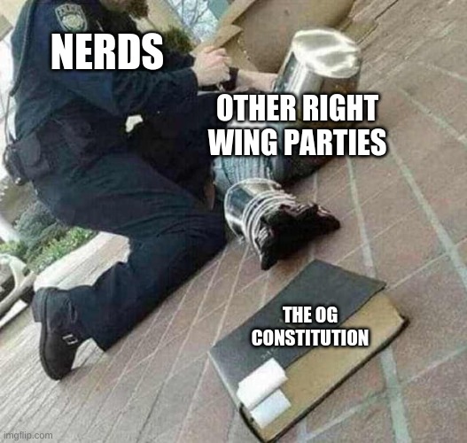 Arrested crusader reaching for book | NERDS; OTHER RIGHT WING PARTIES; THE OG CONSTITUTION | image tagged in arrested crusader reaching for book,satire | made w/ Imgflip meme maker