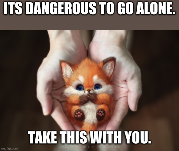 {Art by Silverfox} | ITS DANGEROUS TO GO ALONE. TAKE THIS WITH YOU. | made w/ Imgflip meme maker