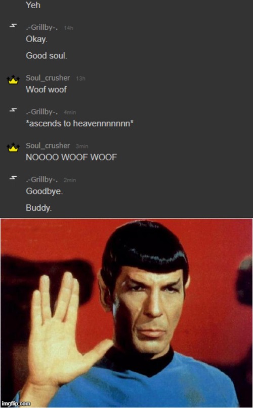 Soul: NOOOO WOOF WOOF | image tagged in spock goodbye | made w/ Imgflip meme maker