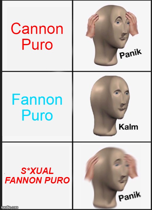 Changed Puro memes | Cannon Puro; Fannon Puro; S*XUAL FANNON PURO | image tagged in memes,panik kalm panik | made w/ Imgflip meme maker