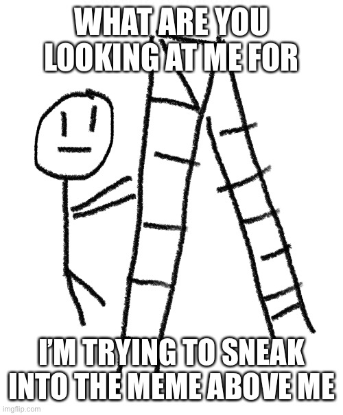 Stickman ladder | WHAT ARE YOU LOOKING AT ME FOR; I’M TRYING TO SNEAK INTO THE MEME ABOVE ME | image tagged in memes | made w/ Imgflip meme maker