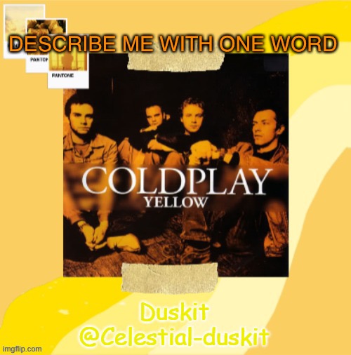 Duskit’s Coldplay temp ty yachi | DESCRIBE ME WITH ONE WORD | image tagged in duskit s coldplay temp | made w/ Imgflip meme maker