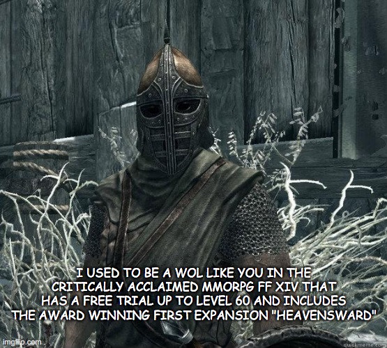 Critically acclaimed MMORPG | I USED TO BE A WOL LIKE YOU IN THE CRITICALLY ACCLAIMED MMORPG FF XIV THAT HAS A FREE TRIAL UP TO LEVEL 60 AND INCLUDES THE AWARD WINNING FIRST EXPANSION "HEAVENSWARD" | image tagged in skyrimguard | made w/ Imgflip meme maker