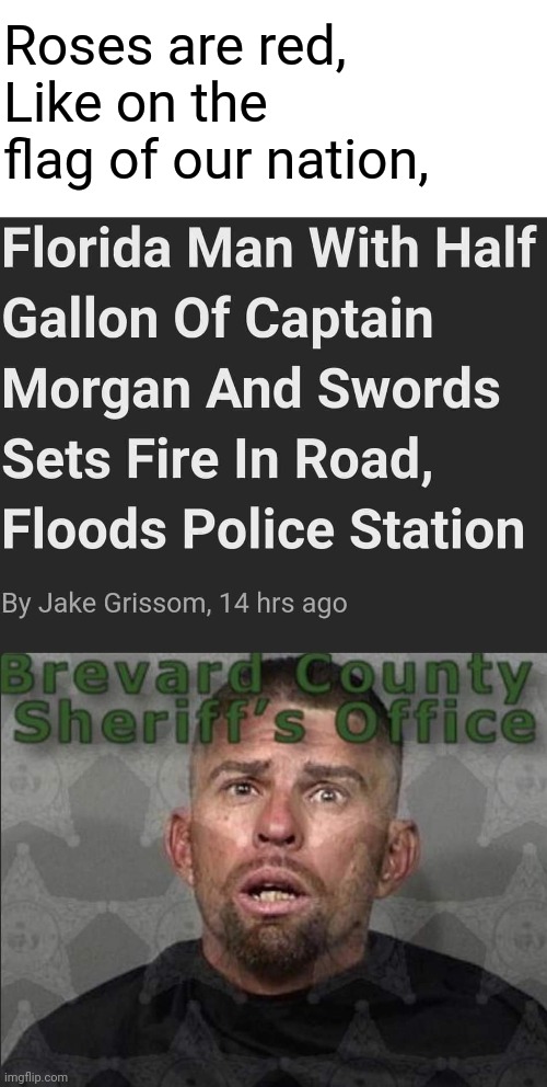 Florida Man strikes again! | Roses are red, 
Like on the flag of our nation, | image tagged in florida man,arrested,liquor,swords,fire,flood | made w/ Imgflip meme maker