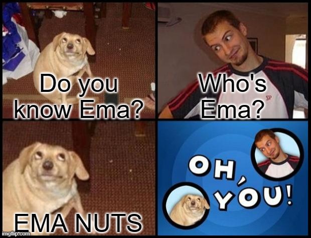 ema nuts | Who's Ema? Do you know Ema? EMA NUTS | image tagged in oh you,deez nuts | made w/ Imgflip meme maker