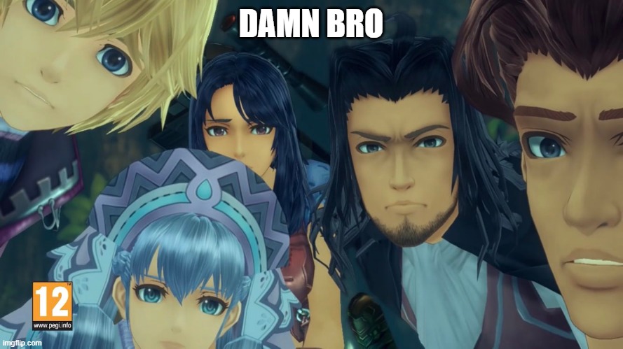 damn bro you got the whole squad laughing (xenoblade edition) | DAMN BRO | image tagged in damn bro you got the whole squad laughing xenoblade edition | made w/ Imgflip meme maker