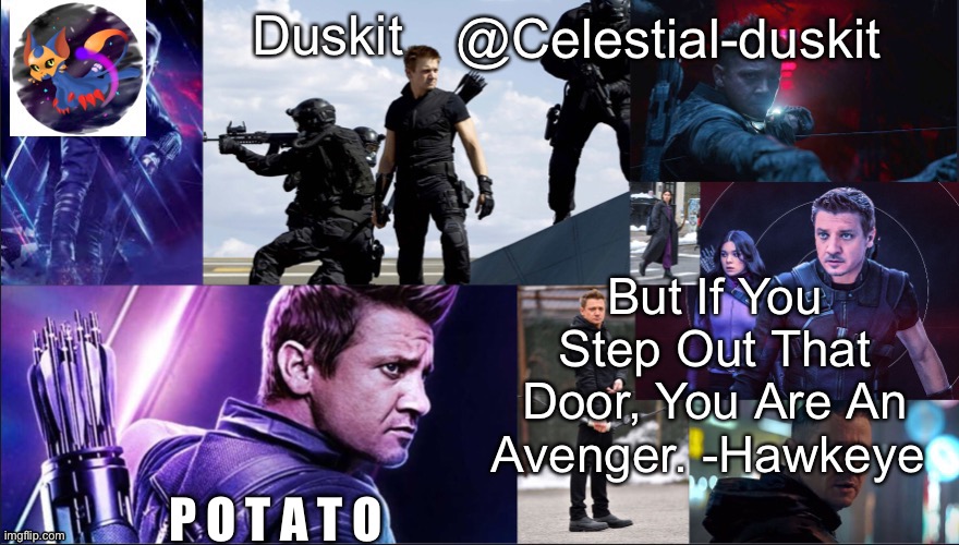 Duskit’s hawkeye temp | P O T A T O | image tagged in duskit s hawkeye temp | made w/ Imgflip meme maker