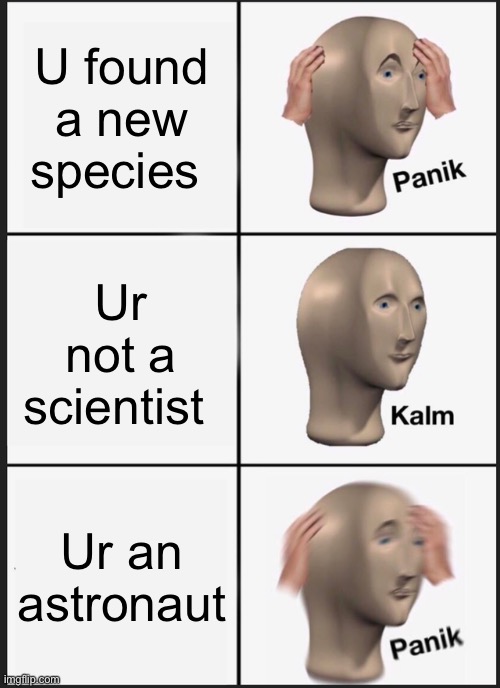 Panik Kalm Panik |  U found a new species; Ur not a scientist; Ur an astronaut | image tagged in memes,panik kalm panik,fallout hold up | made w/ Imgflip meme maker