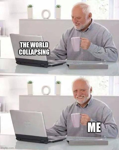 Hide the Pain Harold Meme | THE WORLD COLLAPSING; ME | image tagged in memes,hide the pain harold | made w/ Imgflip meme maker