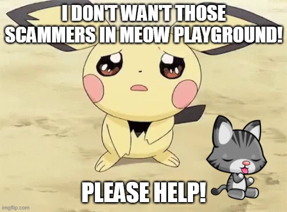 pichu hates scammers | I DON'T WAN'T THOSE SCAMMERS IN MEOW PLAYGROUND! PLEASE HELP! | image tagged in sad pichu,meow playground,pokemon | made w/ Imgflip meme maker
