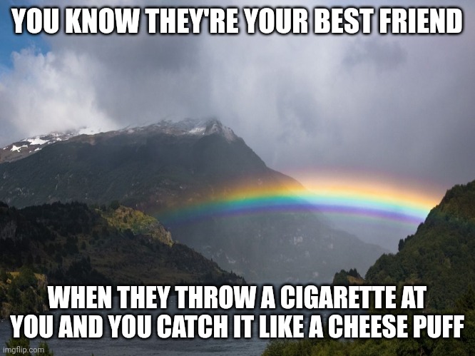 YOU KNOW THEY'RE YOUR BEST FRIEND; WHEN THEY THROW A CIGARETTE AT YOU AND YOU CATCH IT LIKE A CHEESE PUFF | image tagged in fun | made w/ Imgflip meme maker