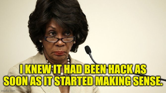 Maxine Waters Crazy | I KNEW IT HAD BEEN HACK AS SOON AS IT STARTED MAKING SENSE. | image tagged in maxine waters crazy | made w/ Imgflip meme maker