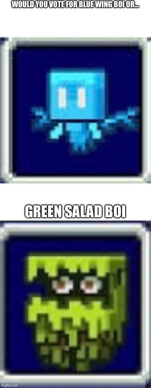 I pick blue boi | WOULD YOU VOTE FOR BLUE WING BOI OR…; GREEN SALAD BOI | image tagged in minecraft | made w/ Imgflip meme maker