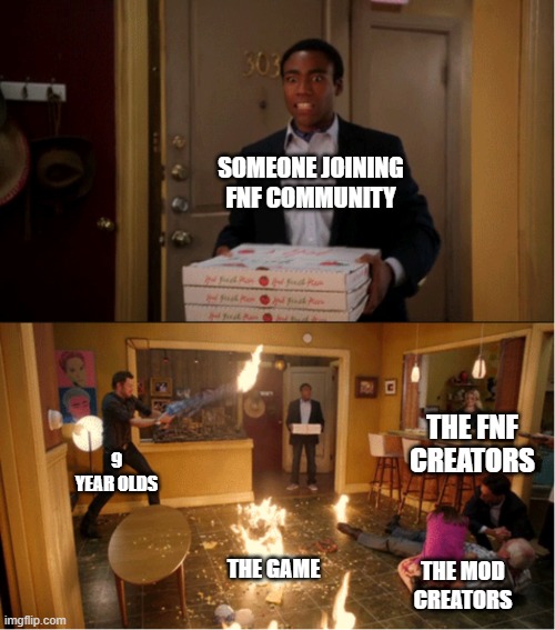 FNF community | SOMEONE JOINING FNF COMMUNITY; THE FNF CREATORS; 9 YEAR OLDS; THE GAME; THE MOD CREATORS | image tagged in community fire pizza meme | made w/ Imgflip meme maker