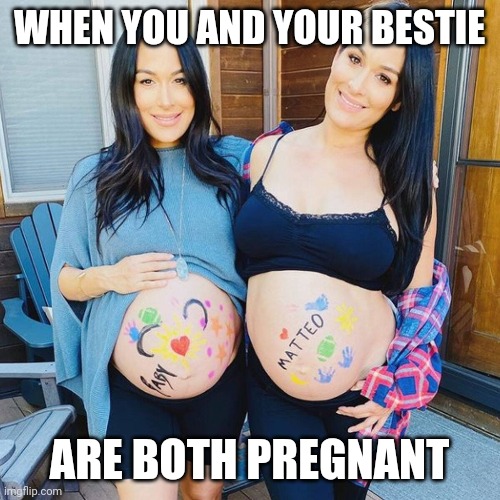 Pregnant besties | WHEN YOU AND YOUR BESTIE; ARE BOTH PREGNANT | image tagged in pregnant,best friends,besties | made w/ Imgflip meme maker