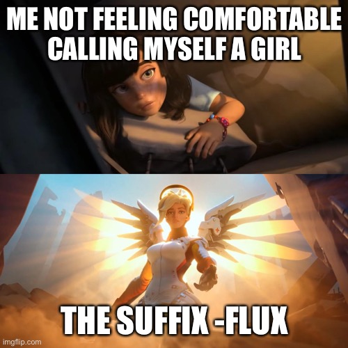 Overwatch Mercy Meme | ME NOT FEELING COMFORTABLE CALLING MYSELF A GIRL; THE SUFFIX -FLUX | image tagged in overwatch mercy meme | made w/ Imgflip meme maker