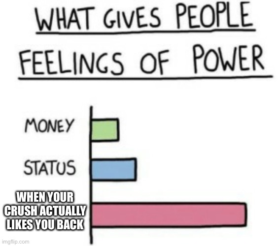Too good to be true | WHEN YOUR CRUSH ACTUALLY LIKES YOU BACK | image tagged in what gives people feelings of power | made w/ Imgflip meme maker