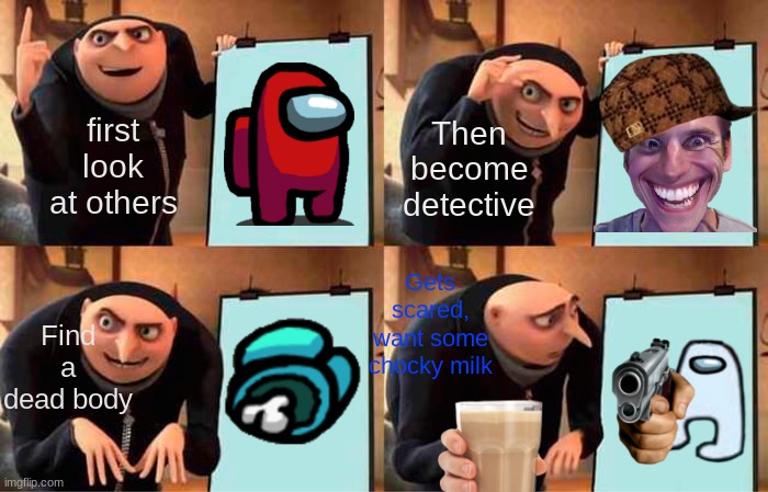 Gru's Plan | first look at others; Then become detective; Gets scared, want some chocky milk; Find a dead body | image tagged in memes,gru's plan | made w/ Imgflip meme maker