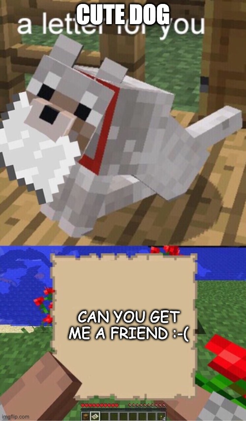 SAD DOG | CUTE DOG; CAN YOU GET ME A FRIEND :-( | image tagged in minecraft mail | made w/ Imgflip meme maker