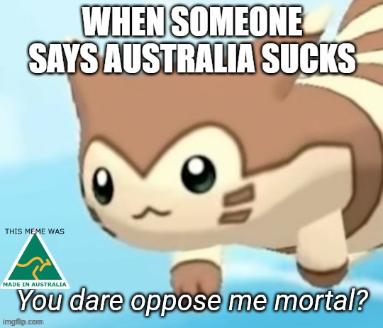 any aussies agree? | WHEN SOMEONE SAYS AUSTRALIA SUCKS | image tagged in furret you dare oppose me mortal | made w/ Imgflip meme maker