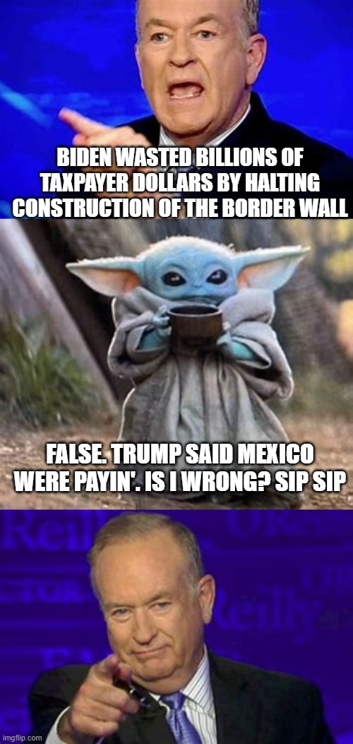 Remember when? |  BIDEN WASTED BILLIONS OF TAXPAYER DOLLARS BY HALTING CONSTRUCTION OF THE BORDER WALL; FALSE. TRUMP SAID MEXICO WERE PAYIN'. IS I WRONG? SIP SIP | image tagged in baby yoda,tea,trump,biden,border wall | made w/ Imgflip meme maker