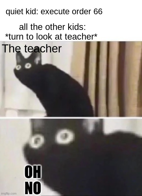 OH SH*T THE TEACHER IS SCREWED |  quiet kid: execute order 66; all the other kids: *turn to look at teacher*; The teacher | image tagged in oh no black cat,star wars,school,meme,funny,order 66 | made w/ Imgflip meme maker