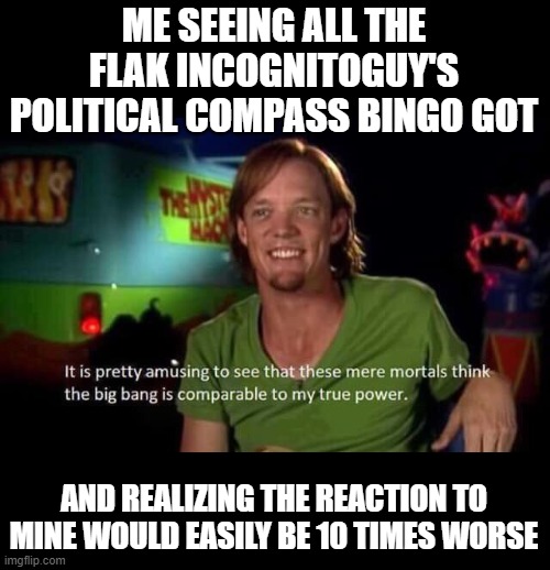 Yeah that's not getting posted XD | ME SEEING ALL THE FLAK INCOGNITOGUY'S POLITICAL COMPASS BINGO GOT; AND REALIZING THE REACTION TO MINE WOULD EASILY BE 10 TIMES WORSE | image tagged in shaggy power | made w/ Imgflip meme maker