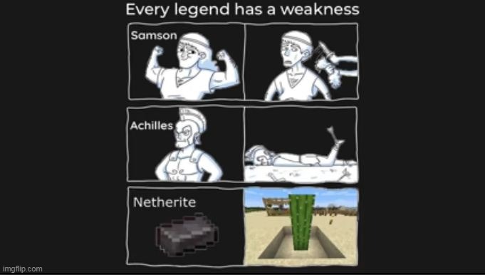 neterite die in cactus | image tagged in every legend has a weakness,wow,netherite,minecraft | made w/ Imgflip meme maker