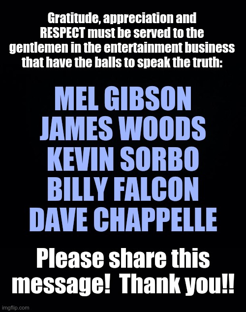 Gentlemen that deserve respect! |  Gratitude, appreciation and RESPECT must be served to the gentlemen in the entertainment business that have the balls to speak the truth:; MEL GIBSON
JAMES WOODS
KEVIN SORBO
BILLY FALCON
DAVE CHAPPELLE; Please share this message!  Thank you!! | image tagged in respect,american politics,mel gibson,james woods,billy falcon | made w/ Imgflip meme maker