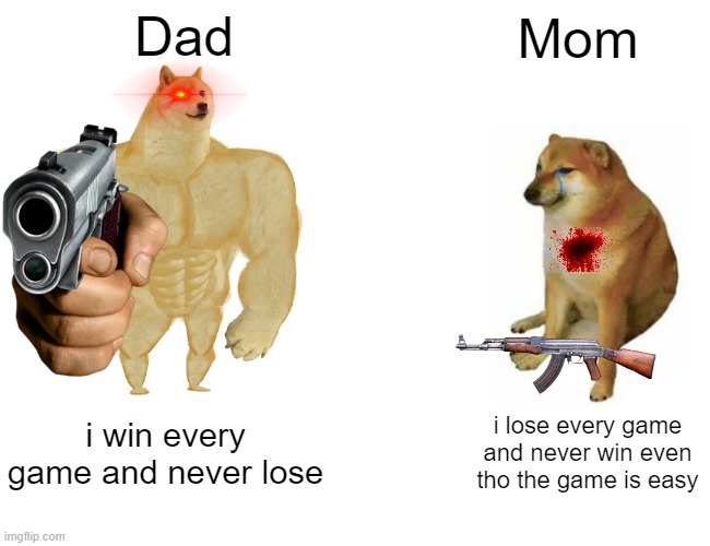 Mobile games in a nutshel | Dad; Mom; i win every game and never lose; i lose every game and never win even tho the game is easy | image tagged in memes,buff doge vs cheems | made w/ Imgflip meme maker