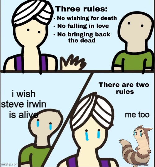 R.I.P (Mod note: is he actually dead?) | i wish steve irwin is alive; me too | image tagged in there are two rules | made w/ Imgflip meme maker