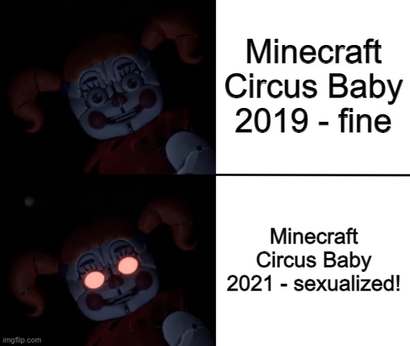 Evolution of Circus Baby in minecraft animations be like: | Minecraft Circus Baby 2019 - fine; Minecraft Circus Baby 2021 - sexualized! | image tagged in circus baby reaction,minecraft,circus baby,fnaf,fnaf sister location | made w/ Imgflip meme maker