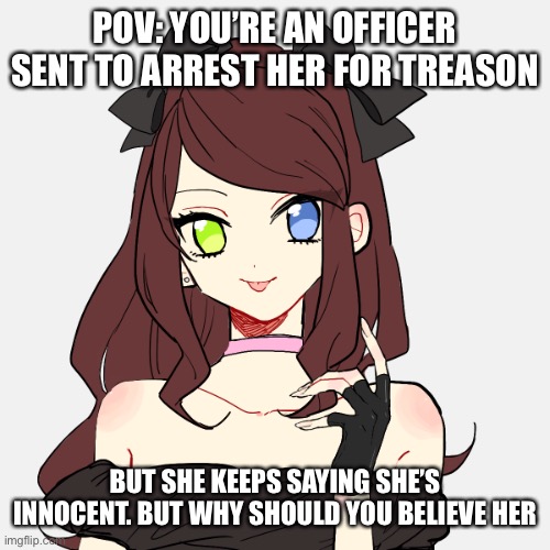 POV: YOU’RE AN OFFICER SENT TO ARREST HER FOR TREASON; BUT SHE KEEPS SAYING SHE’S INNOCENT. BUT WHY SHOULD YOU BELIEVE HER | image tagged in ellie | made w/ Imgflip meme maker