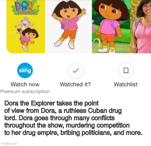 *loads AK* | Dora the Explorer takes the point of view from Dora, a ruthless Cuban drug lord. Dora goes through many conflicts throughout the show, murdering competition to her drug empire, bribing politicians, and more. | image tagged in dora the explorer | made w/ Imgflip meme maker