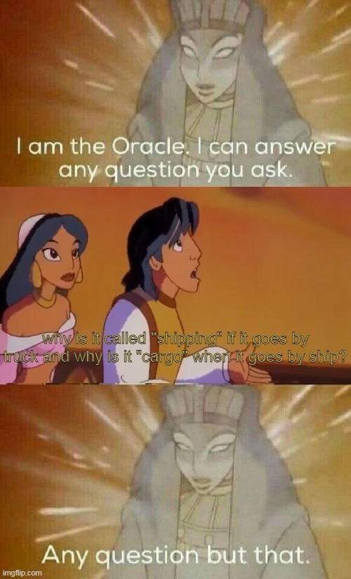 YES |  why is it called "shipping" if it goes by truck and why is it "cargo" when it goes by ship? | image tagged in the oracle,lol,opposite,memes | made w/ Imgflip meme maker